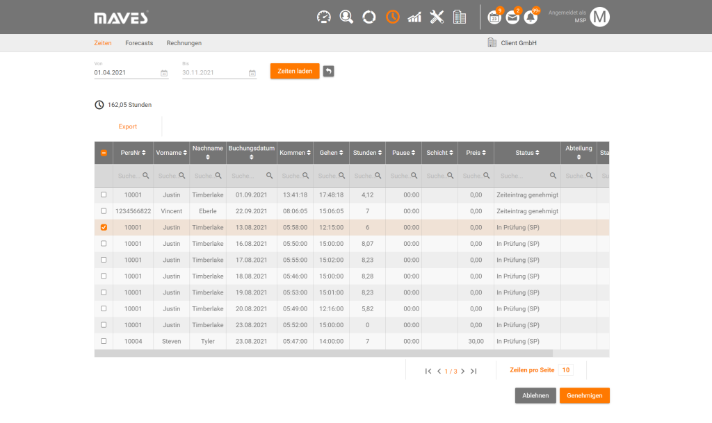 Screenshot aus der external Workforce Software MAVES mit Fokus Zeitwirtschaft.